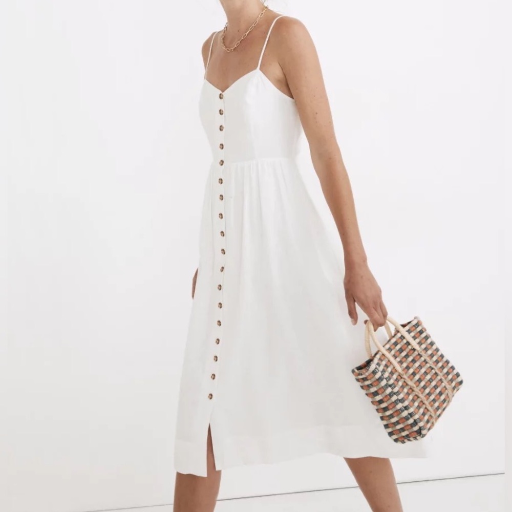 Madewell White Linen Blend Cami Button Front Dress
